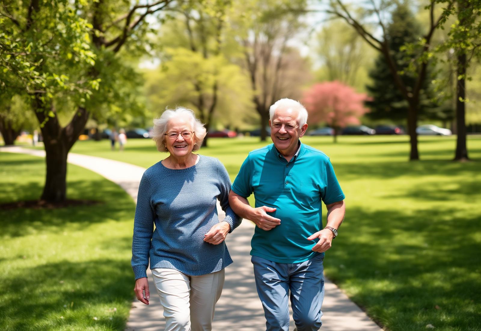 Two older friends walking together along a path in a green park.