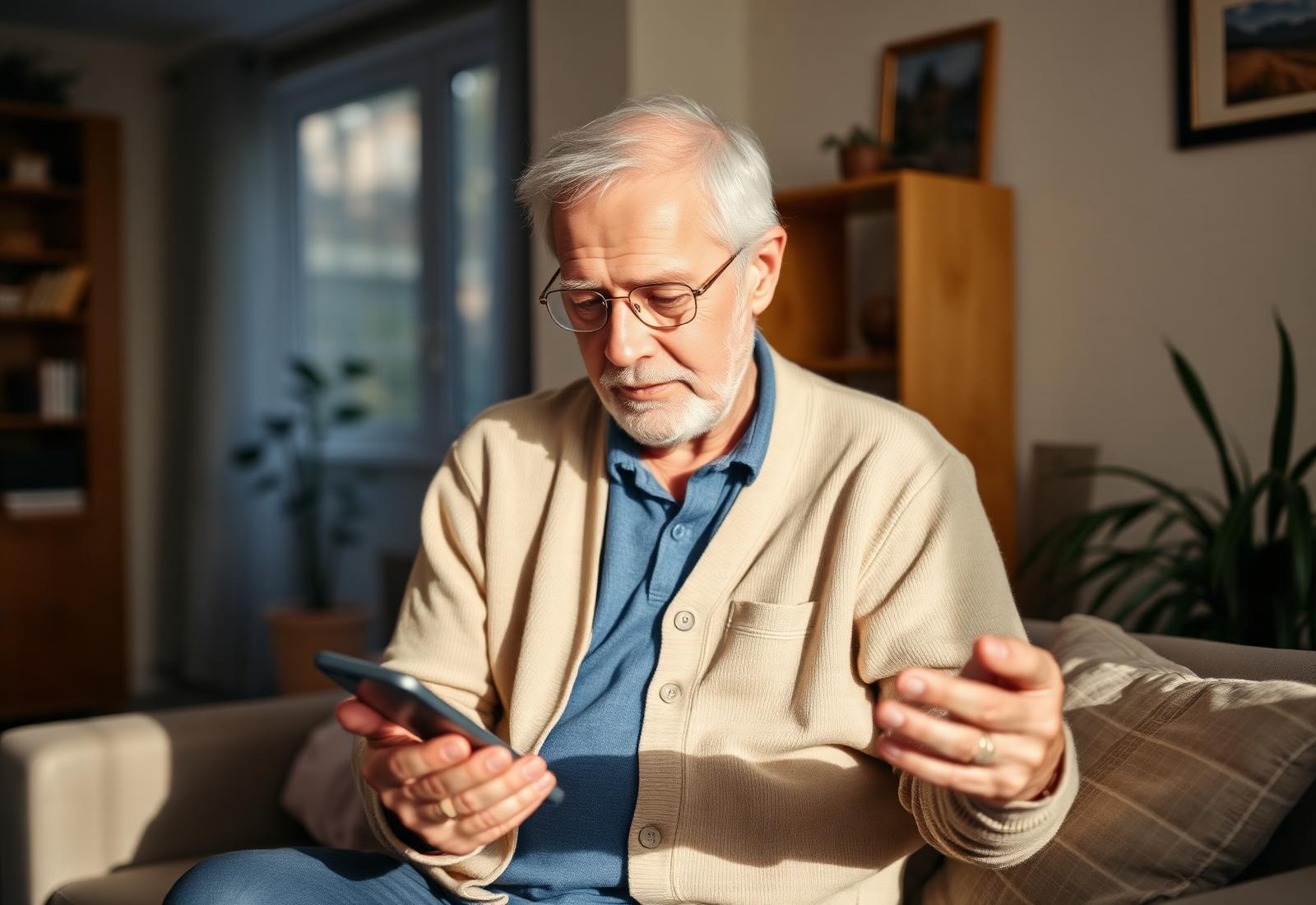 An older man in a relaxed home setting looking at his phone.