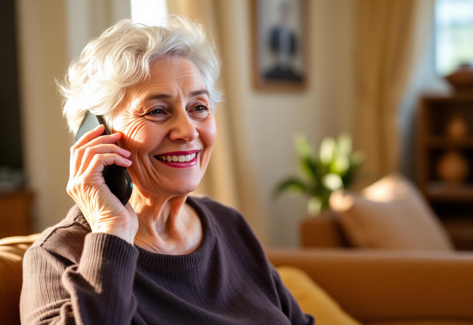 An older woman smiling during a phone call in her living room.