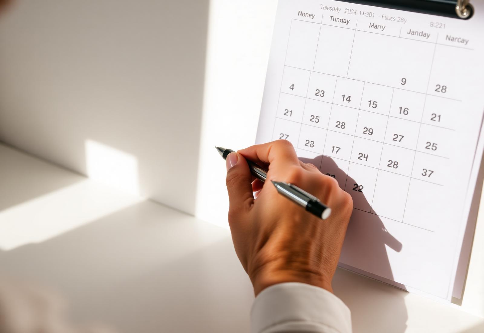 A person filling in dates on a monthly paper calendar.