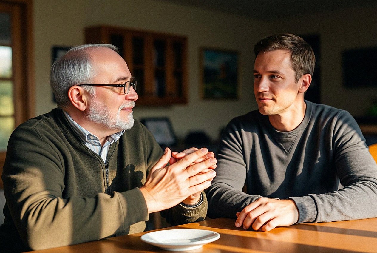 An older man in conversation with a younger man seated across a wooden table in a sunlit room.