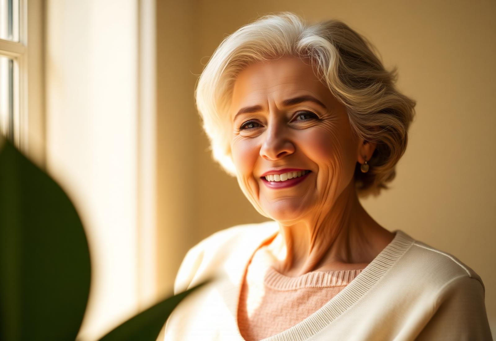A warm portrait of a smiling senior woman in natural light.