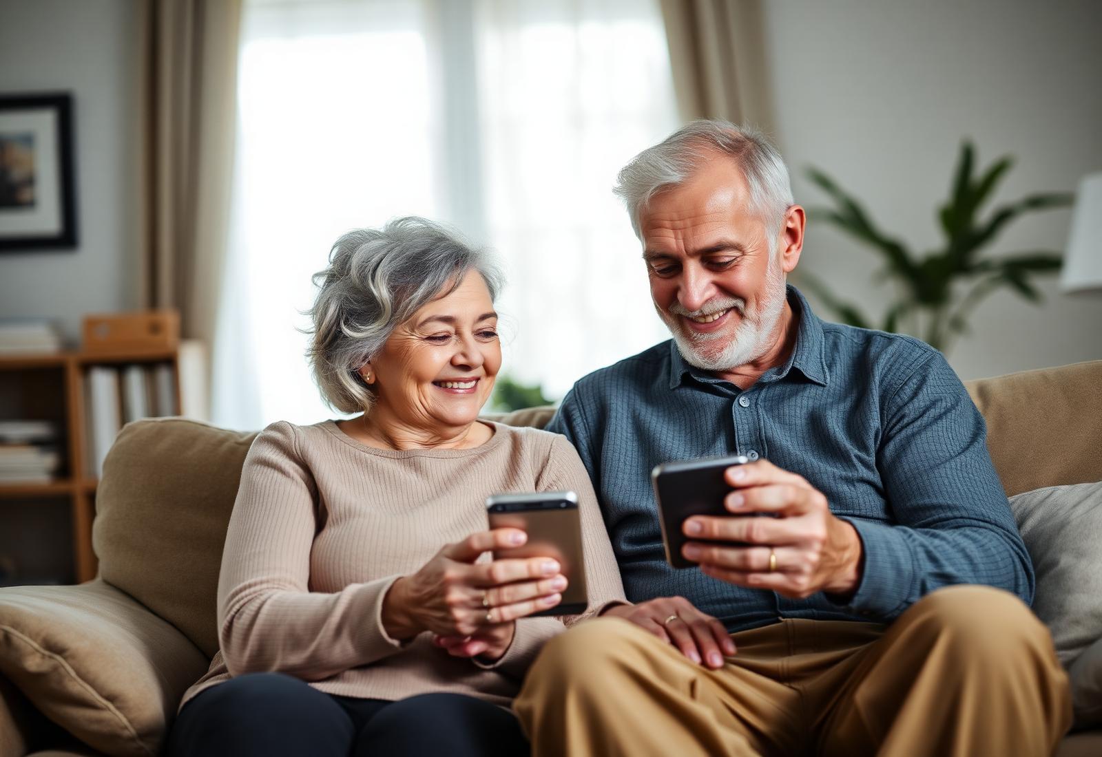 An older couple sitting side by side at home, looking at a mobile phone together.