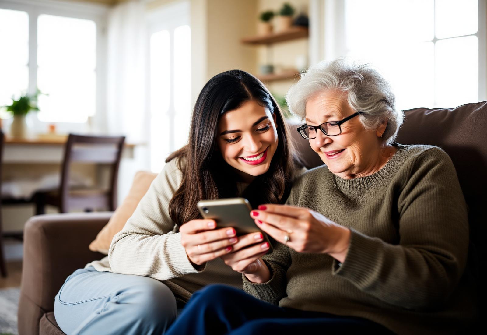 An adult daughter and her older mother looking at a smartphone together and smiling.