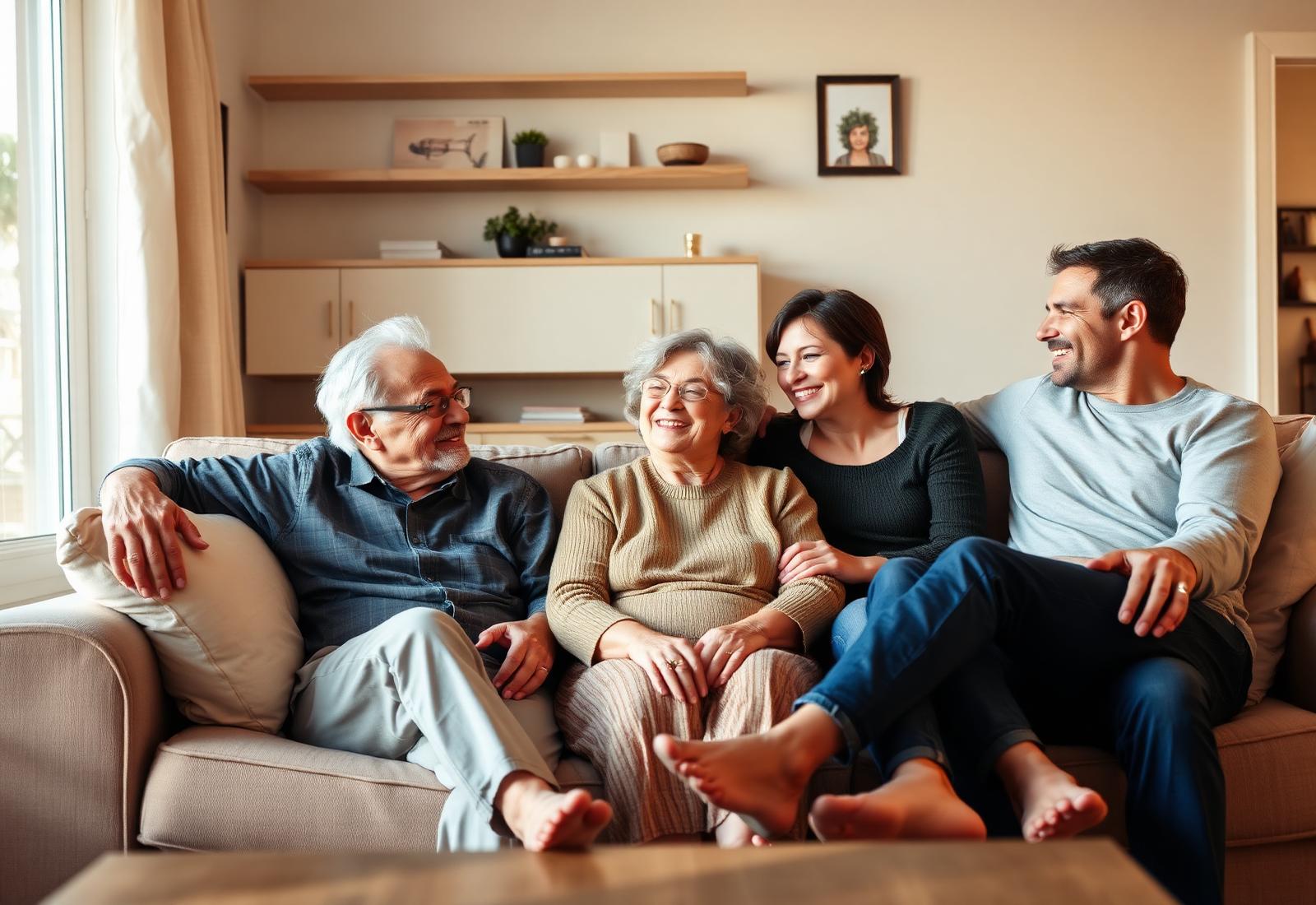 A family of different generations sitting together on a sofa at home.