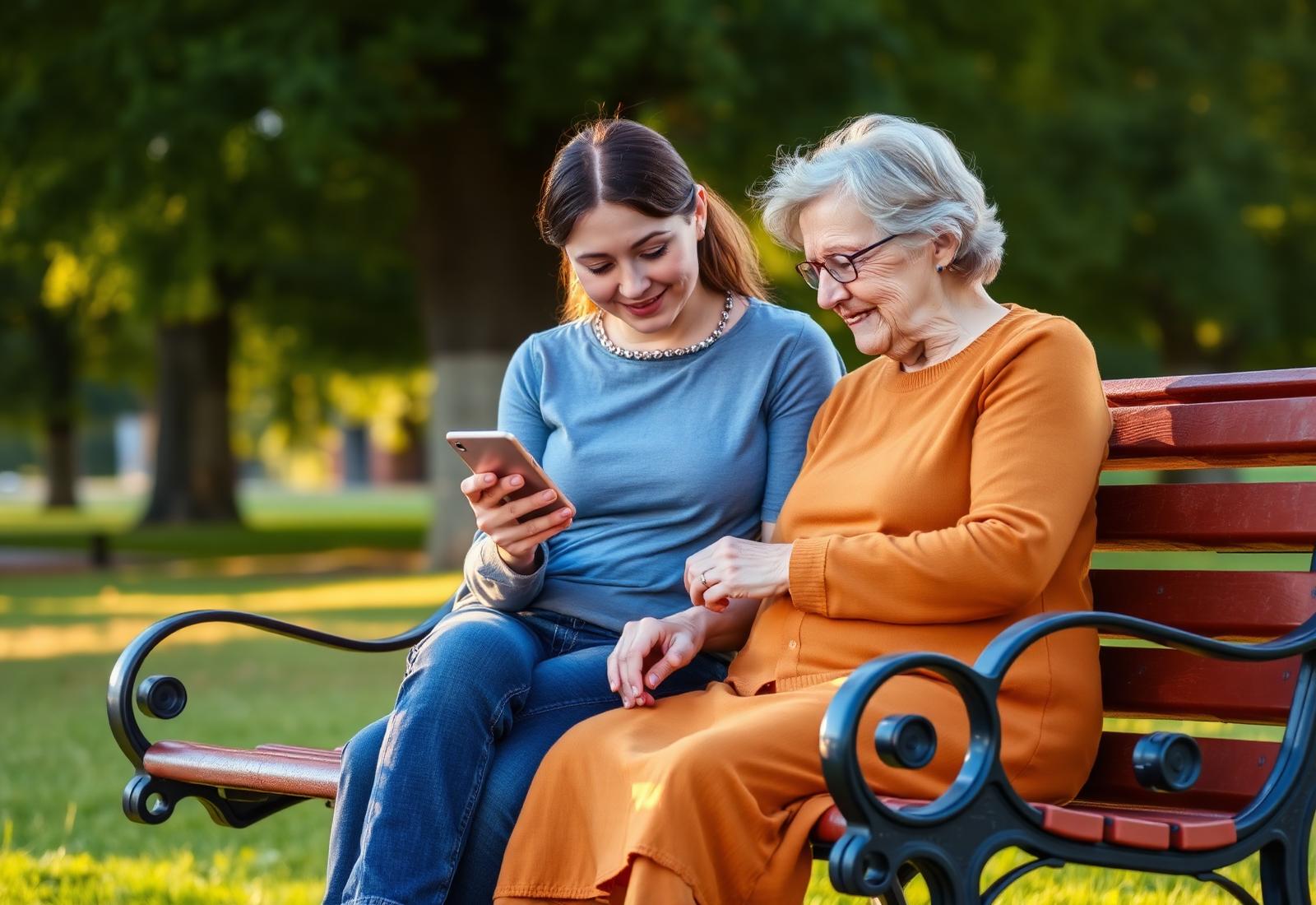 An adult daughter showing her older mother how to use a smartphone while sitting outdoors.